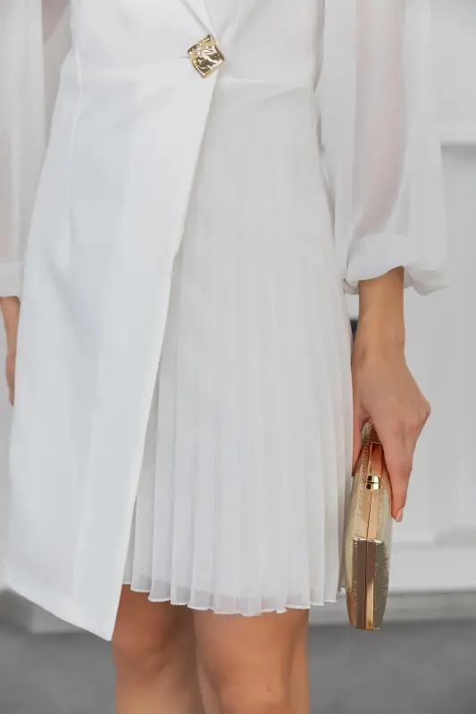 Eteği Piliseli Kruvaze Ceket Yaka Kolları Tül Detaylı Beyaz Abiye Elbise 24K2169-BEYAZ - 6
