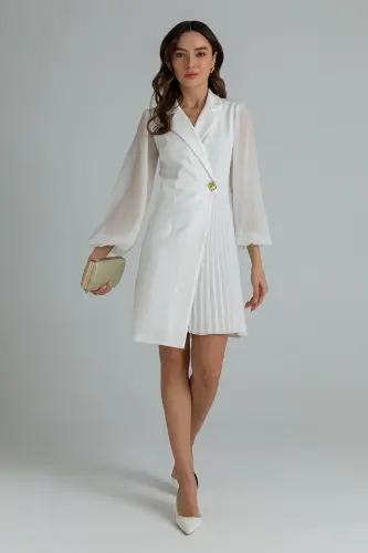 Eteği Piliseli Kruvaze Ceket Yaka Kolları Tül Detaylı Beyaz Abiye Elbise 24K2169-BEYAZ - 3