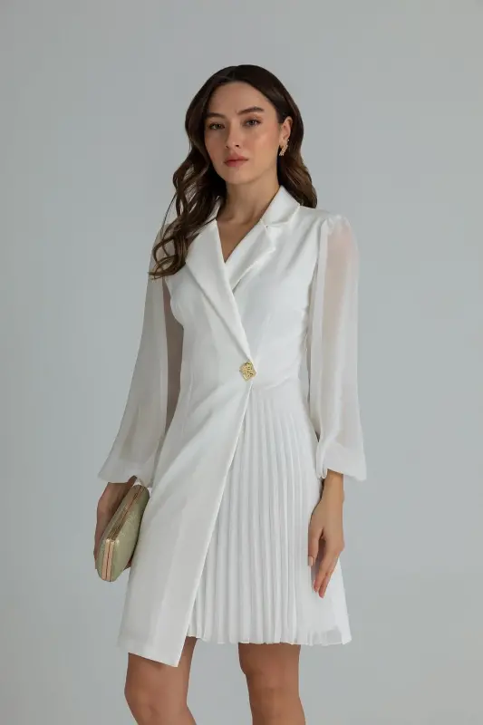 Eteği Piliseli Kruvaze Ceket Yaka Kolları Tül Detaylı Beyaz Abiye Elbise 24K2169-BEYAZ - 5