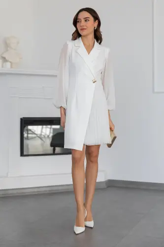 Eteği Piliseli Kruvaze Ceket Yaka Kolları Tül Detaylı Beyaz Abiye Elbise 24K2169-BEYAZ 