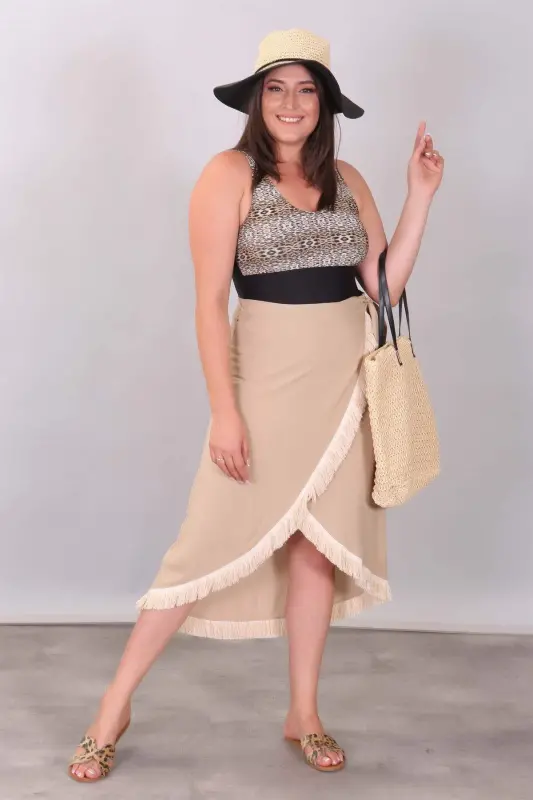 Eteği Püsküllü Bej Pareo - 1