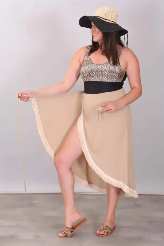 Eteği Püsküllü Bej Pareo - 3