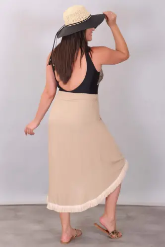 Eteği Püsküllü Bej Pareo - 4