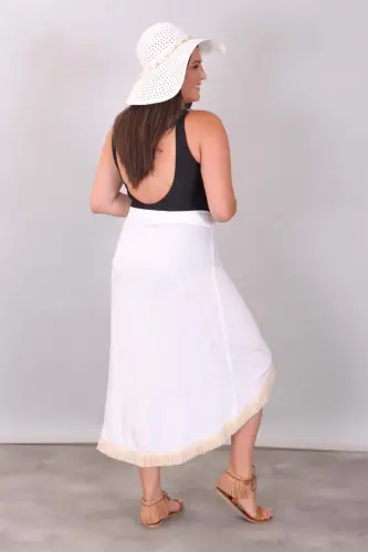 Eteği Püsküllü Beyaz Pareo - 4