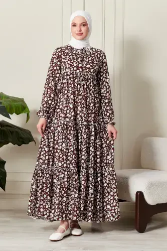 Etek kat-kat gul naqshli loʻli viskon koʻylak hijob koʻylak ona koʻylagi namoz koʻylagi-gul naqshli jigarrang - FISTAN (1)