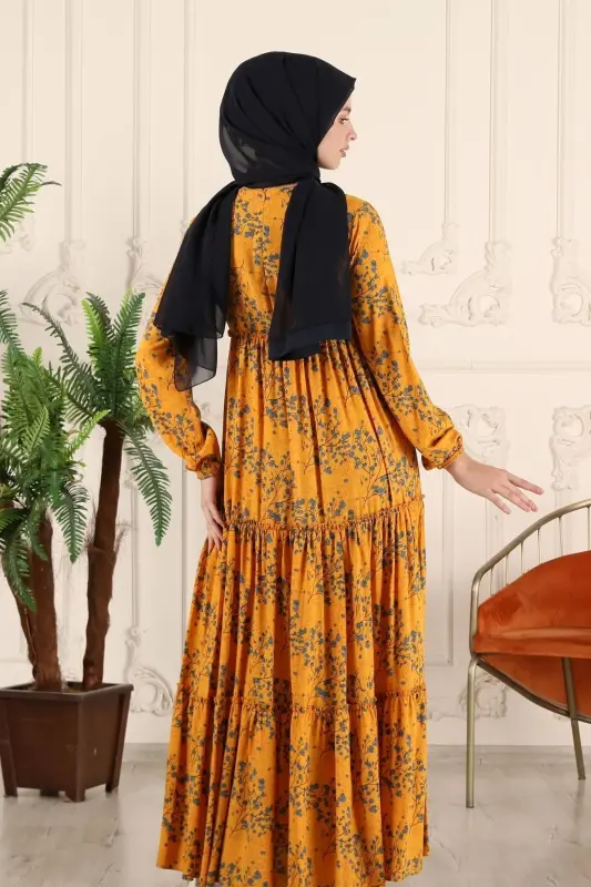 Etek kat-kat gul naqshli lo'li viskon ko'ylak hijobli onalar uchun namoz ko'ylagi-sariq - 8