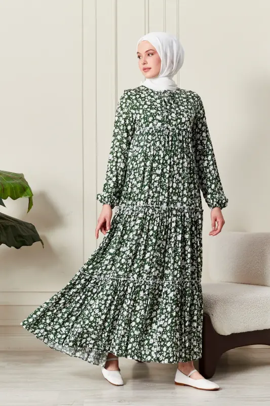 Etek Qat-Qat Gul Naqshli Lo'li Viskon Libos Hijob Libos Ona Libosi Namoz Libosi-Gul Naqsh Yashil - FISTAN