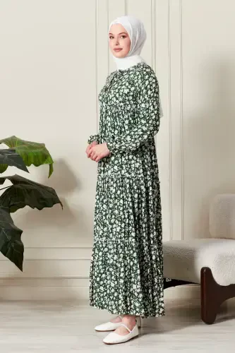 Etek Qat-Qat Gul Naqshli Lo'li Viskon Libos Hijob Libos Ona Libosi Namoz Libosi-Gul Naqsh Yashil - 4