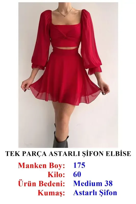 Etek Va Ust Ko'rinishli Astarlı Shifon Kumaş Tek Parça Kısa Kırmızı Abiye Elbise 013-KIRMIZI SHIFON 013 - 5