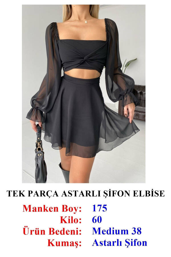 Etek va Ustki Ko'rinishli Astarli Shifon Qora Abiye Libos - 4
