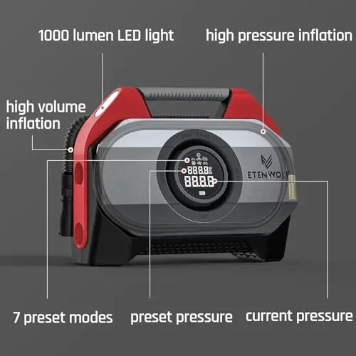 ETENWOLF Vortex S6 Tire Inflator Portable Air Compressor for Heavy-Duty Vehicle, Cordless Air Pump for Car & Inflatables with 19200 mAh Battery, 100% Duty Cycle & Dual Cylinder Bike Pump, Red - 2