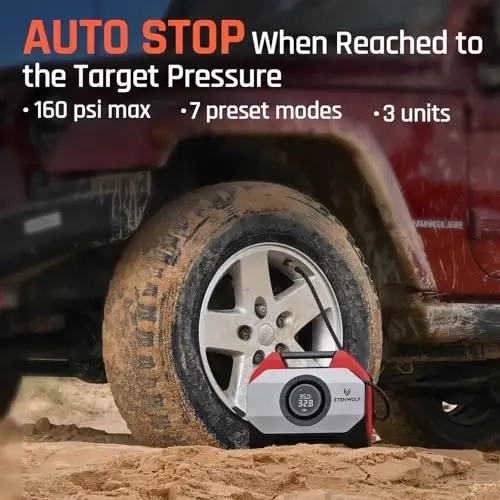 ETENWOLF Vortex S6 Tire Inflator Portable Air Compressor for Heavy-Duty Vehicle, Cordless Air Pump for Car & Inflatables with 19200 mAh Battery, 100% Duty Cycle & Dual Cylinder Bike Pump, Red - 6