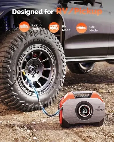 ETENWOLF Vortex S6 Tire Inflator Portable Air Compressor for Heavy-Duty Vehicles, Cordless Air Pump for Car & Inflatables with 19200 mAh Battery, 100% Duty Cycle & Dual Cylinder Bike Pump, Dark Cyan - 3