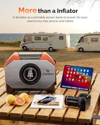 ETENWOLF VORTEX S6 Shinalarni To'ldirish Portativ Havo Kompressori Og'ir Avtomobillar uchun, Simsiz Havo Nasosi Avtomobil va Shishiriladigan narsalar uchun 19200 mA/soat Batareya bilan, 100% Ish Sikli va Ikkita Silindrli Velosiped Nasosi, Yorqin Apelsin - 5