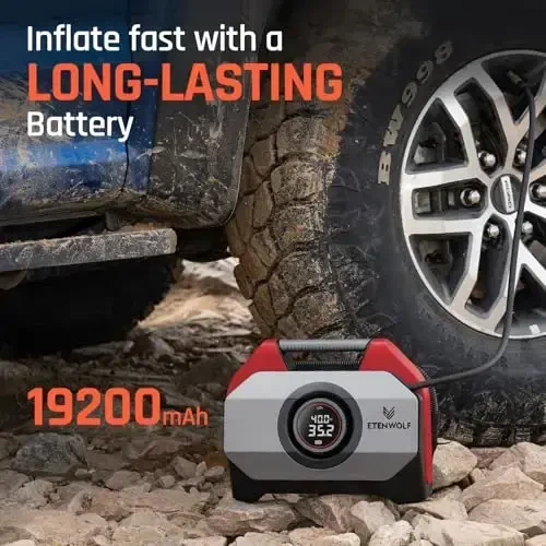 ETENWOLF Vortex S6 Tire Inflator Portable Air Compressor for Heavy-Duty Vehicle, Cordless Air Pump for Car & Inflatables with 19200 mAh Battery, 100% Duty Cycle & Dual Cylinder Bike Pump, Red - 3