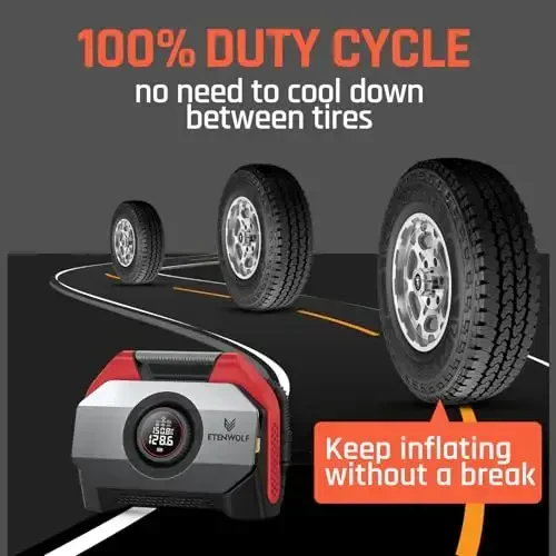 ETENWOLF Vortex S6 Tire Inflator Portable Air Compressor for Heavy-Duty Vehicle, Cordless Air Pump for Car & Inflatables with 19200 mAh Battery, 100% Duty Cycle & Dual Cylinder Bike Pump, Red - 4