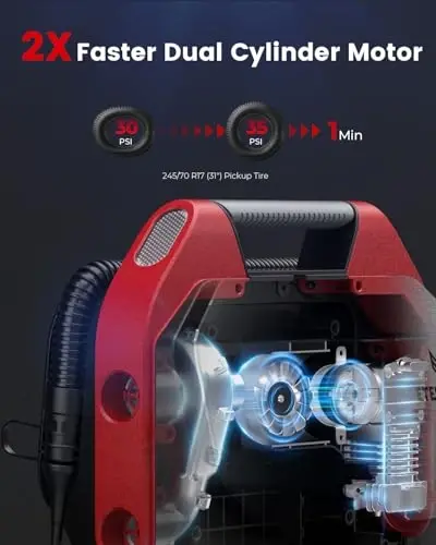 ETENWOLF Vortex S6SE Cordless Tire Inflator Portable Air Compressor, 160 PSI Air Pump for Car Tires with 15600 mAh Battery, 100% Duty Cycle & Dual Cylinder, Air Pump for Heavy-Duty Vehicle, Red - 2