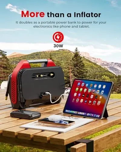 ETENWOLF Vortex S6SE Cordless Tire Inflator Portable Air Compressor, 160 PSI Air Pump for Car Tires with 15600 mAh Battery, 100% Duty Cycle & Dual Cylinder, Air Pump for Heavy-Duty Vehicle, Red - 5