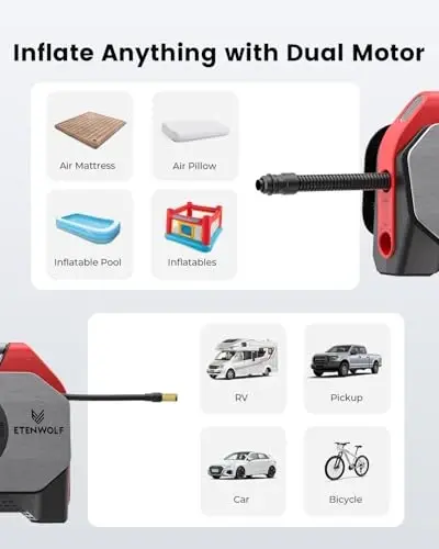 ETENWOLF Vortex S6SE Cordless Tire Inflator Portable Air Compressor, 160 PSI Air Pump for Car Tires with 15600 mAh Battery, 100% Duty Cycle & Dual Cylinder, Air Pump for Heavy-Duty Vehicle, Red - 7
