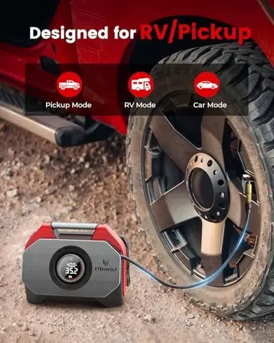 ETENWOLF Vortex S6SE Cordless Tire Inflator Portable Air Compressor, 160 PSI Air Pump for Car Tires with 15600 mAh Battery, 100% Duty Cycle & Dual Cylinder, Air Pump for Heavy-Duty Vehicle, Red - 3