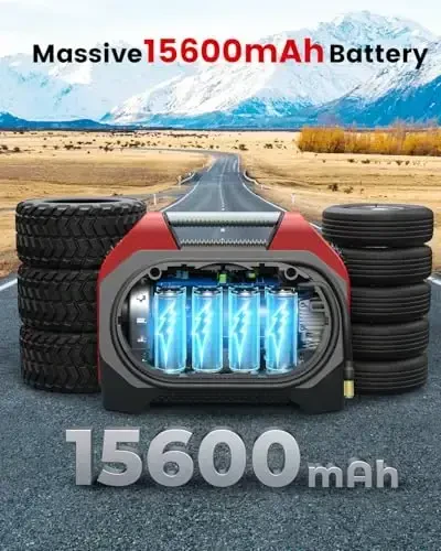 ETENWOLF Vortex S6SE simsiz shina nasosi Portativ havo kompressori, 15600 mAh batareyali avtomobil shinalari uchun 160 PSI havo pompasi, 100% ish sikli va qo'sh silindrli, og'ir yuk mashinalari uchun havo pompasi, qizil - 4