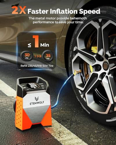 ETENWOLF ZEPHYR S3 Tire Inflator Portable Air Compressor, 1 Min Fast Inflation and 100% Duty Cycle, 160 PSI Air Pump for Cars, SUVs, Bikes, Balls (Vivid Orange) - 2