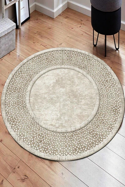 Ethnic Patterned Beige Round Rug Machine Washable Non-Slip Dot Base - Cp1147 - CAPPİO HALI