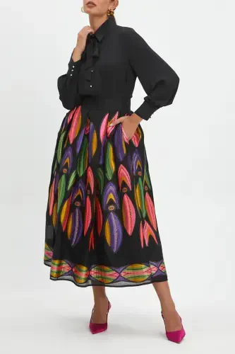 Ethnic Patterned Maxi Length Colorful Black Skirt 40300 - 4