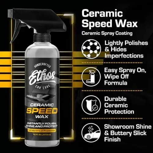 Ethos Ceramic Speed Wax – SiO2 Ceramic Coating Spray for Cars – Hydrophobic Car Wax Spray Top Coat Polish – High Gloss Shine, Ceramic Spray Wax – 12+ Month Protection - ETHOS HANDCRAFTED CAR CARE (1)