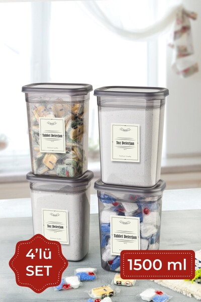 Etiketli 1500 ml 4lü Peggy Dikdörtgen Deterjan Saklama Kabı Seti Antrasit-Antrasit - VIENEV