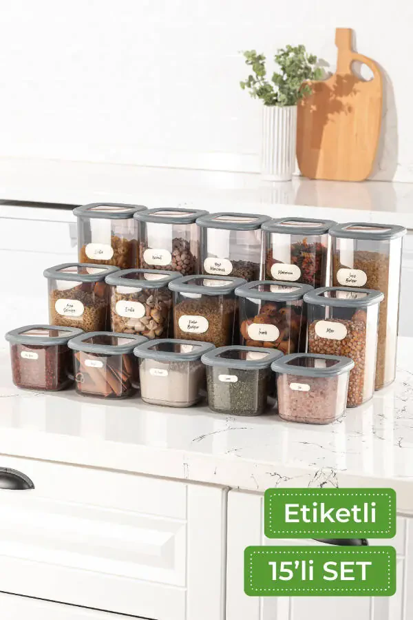 Etiketli 15li Kare Erzak Saklama Kabı Seti 5x(0,55 LİTRE, 1,2 LİTRE, 1,75 LİTRE) Antrasit-Antrasit - 1