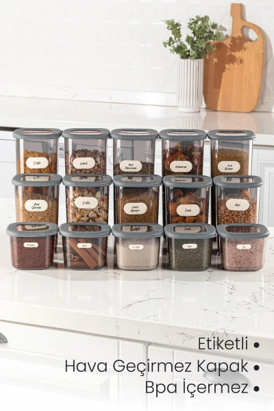 Etiketli 15li Kare Erzak Saklama Kabı Seti 5x(0,55 LİTRE, 1,2 LİTRE, 1,75 LİTRE) Antrasit-Antrasit - VIENEV (1)