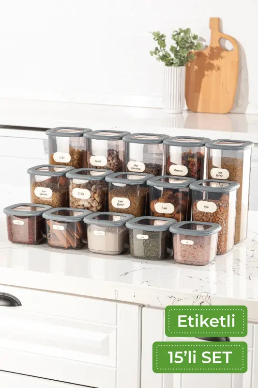 Etiketli 15li Kare Erzak Saklama Kabı Seti 5x(0,55 LİTRE, 1,2 LİTRE, 1,75 LİTRE) Antrasit - VIENEV