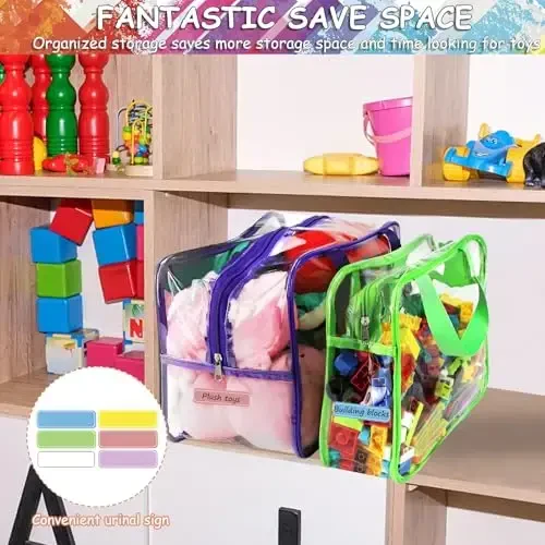 6 Colors Large Toy Storage Bags with Labels, Reusable Clear PVC Board Game Storage, Travel Waterproof Organizer Bags with Zipper for Building Blocks, Puzzle, Kids Books(3 large & 3 Extra Large) - 4
