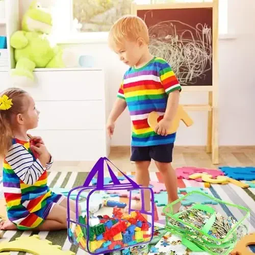 6 Colors Large Toy Storage Bags with Labels, Reusable Clear PVC Board Game Storage, Travel Waterproof Organizer Bags with Zipper for Building Blocks, Puzzle, Kids Books(3 large & 3 Extra Large) - 6