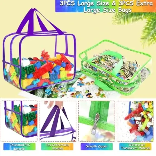 6 Colors Large Toy Storage Bags with Labels, Reusable Clear PVC Board Game Storage, Travel Waterproof Organizer Bags with Zipper for Building Blocks, Puzzle, Kids Books(3 large & 3 Extra Large) - 3
