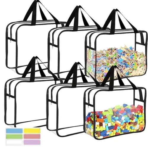 6 Packs Large Toy Storage Bags with Labels, Reusable Clear PVC Board Game Storage, Travel Waterproof Organizer Bags with Zipper for Building Blocks, Puzzle, Kids Books 