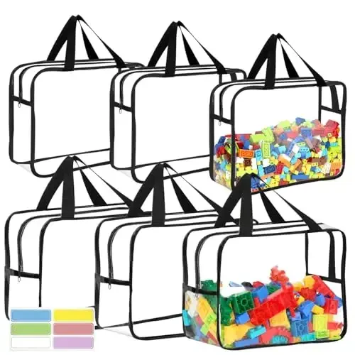 6 Packs Large Toy Storage Bags with Labels, Reusable Clear PVC Board Game Storage, Travel Waterproof Organizer Bags with Zipper for Building Blocks, Puzzle, Kids Books(3 large & 3 Extra Large) 