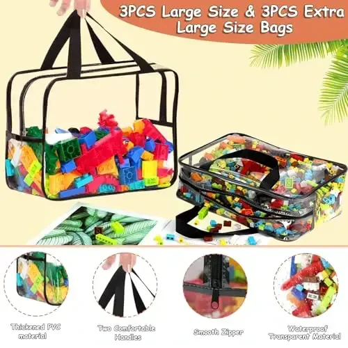 6 Packs Large Toy Storage Bags with Labels, Reusable Clear PVC Board Game Storage, Travel Waterproof Organizer Bags with Zipper for Building Blocks, Puzzle, Kids Books(3 large & 3 Extra Large) - 3