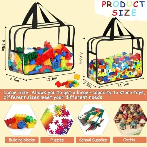 6 Packs Large Toy Storage Bags with Labels, Reusable Clear PVC Board Game Storage, Travel Waterproof Organizer Bags with Zipper for Building Blocks, Puzzle, Kids Books(3 large & 3 Extra Large) - OPELETNNT (1)