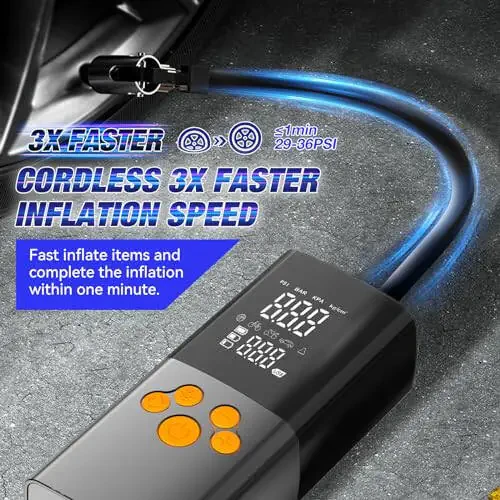Etitlly Tire Inflator Portable Air Compressor,150PSI Air Pump for Car Tires,7800mAH Battery,3X Faster Inflation Electric Air Pump with Digital Pressure Gauge and Led light,for Car,Motorcycle,Bike,Ball - 3