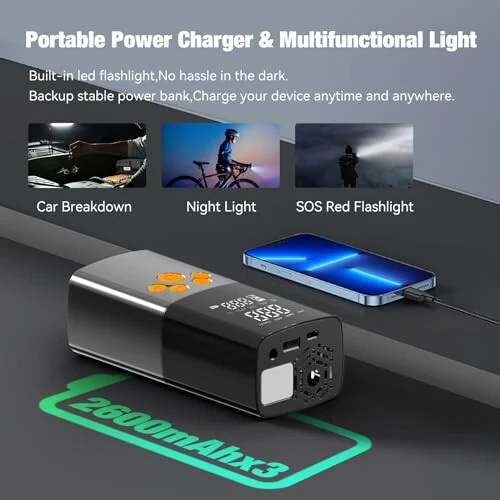 Etitlly Tire Inflator Portable Air Compressor,150PSI Air Pump for Car Tires,7800mAH Battery,3X Faster Inflation Electric Air Pump with Digital Pressure Gauge and Led light,for Car,Motorcycle,Bike,Ball - 6