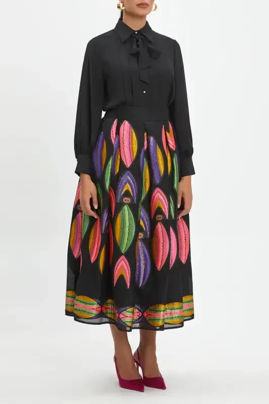 Etnicheskiy naqshli maxi uzun rangli qora yubka 40300 - 1