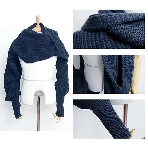 EUBUY Women Autumn Winter Scarf Wrap with Sleeve, Lady Fashion Solid Color Knitted Wrap Scarf Knitted Shawl Cape with Sleeve - EUBUY (1)
