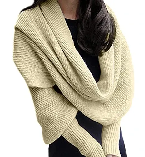 EUBUY Women Autumn Winter Scarf Wrap with Sleeve, Lady Fashion Solid Color Knitted Wrap Scarf Knitted Shawl Cape with Sleeve - 3