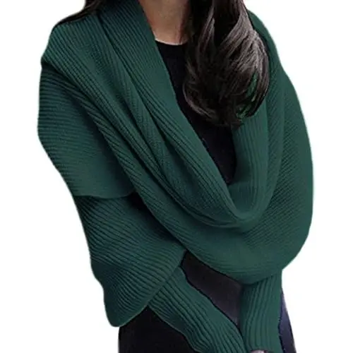 EUBUY Women Autumn Winter Scarf with Sleeve, Warm Knitted Crochet Shawl Sweater Top for Cold Weather - 4