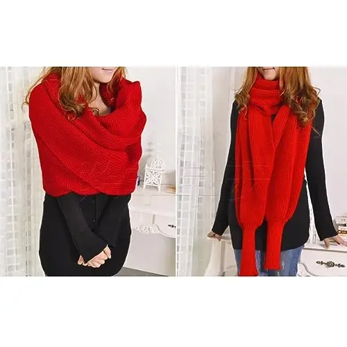 EUBUY Women Autumn Winter Scarf Wrap with Sleeve, Lady Fashion Solid Color Knitted Wrap Scarf Knitted Shawl Cape with Sleeve - 2