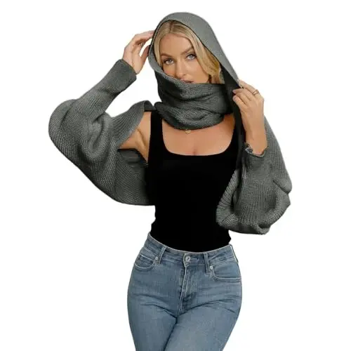 EUBUY Women Autumn Winter Scarf Wrap with Sleeve, Lady Fashion Solid Color Knitted Wrap Scarf Knitted Shawl Cape with Sleeve - 5