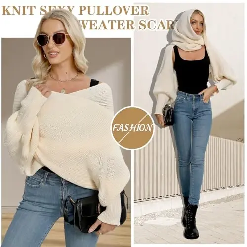 EUBUY Women Autumn Winter Scarf Wrap with Sleeve, Lady Fashion Solid Color Knitted Wrap Scarf Knitted Shawl Cape with Sleeve - 3