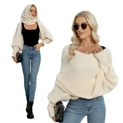 EUBUY Women Autumn Winter Scarf Wrap with Sleeve, Lady Fashion Solid Color Knitted Wrap Scarf Knitted Shawl Cape with Sleeve - 4